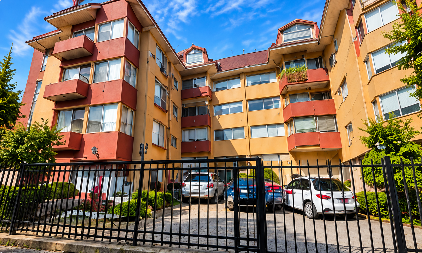 Exterior de edificio residencial con estacionamientos